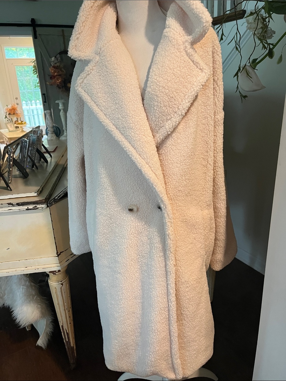 SHEIN Cream Teddy Faux-Shearling Long Coat